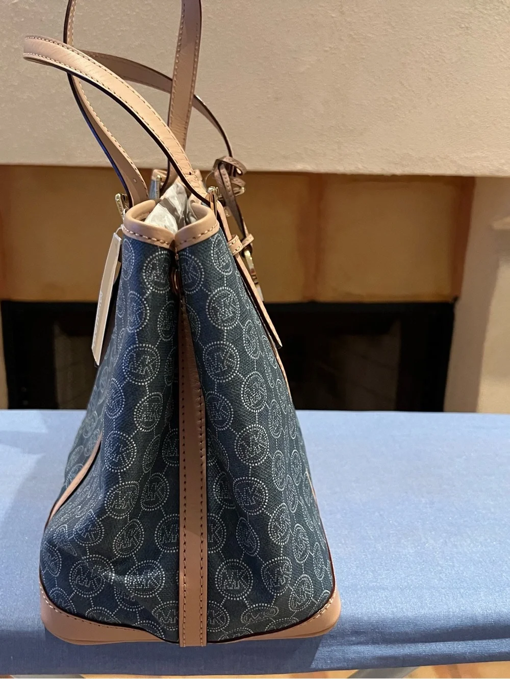 Michael Kors Blue Logo Canvas Tote with Tan Trim